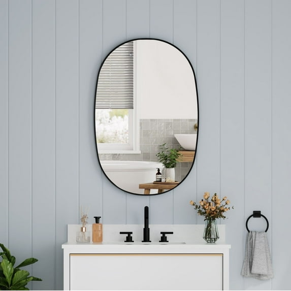 ANGELES HOME 24" x 36" Oval Bathroom Vanity Mirror, Wall Mounted Bathroom Mirror, Aluminum Wall Mirror for Bathroom, Copper Free Glass Vanity Framed Mirror, Matte Black