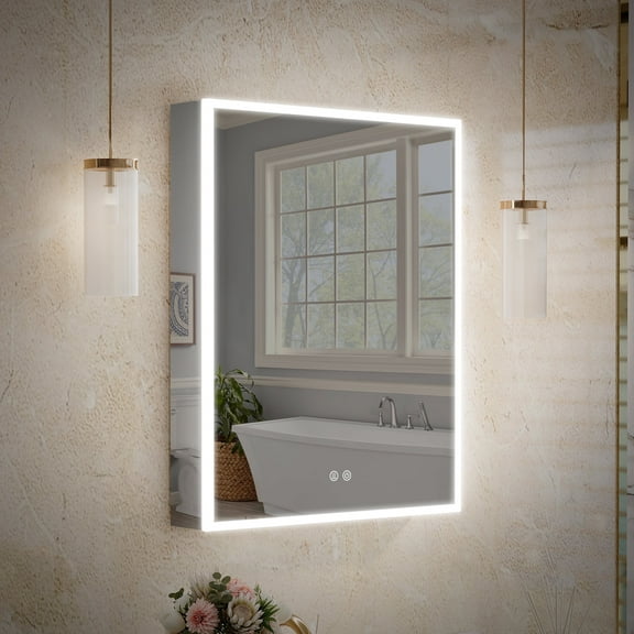 ANGELES HOME 24"x30" Medicine Cabinet with Lights, Bathroom Mirror Cabinet with 3X Magnification, Defogger, Dimmer, Outlets & USB, Medicine Cabinet Mirror with Memory Function, Left Side