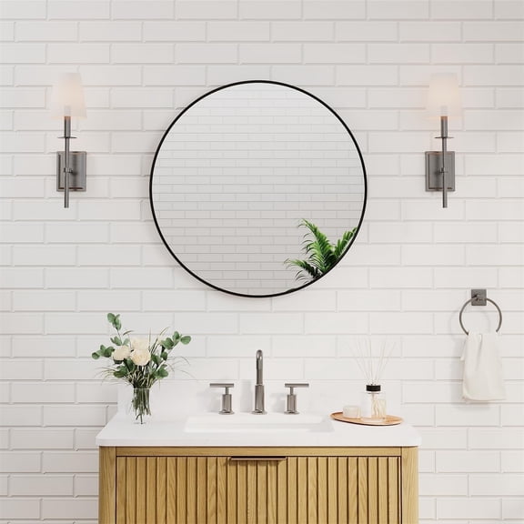 ANGELES HOME 28 Inch Round Bathroom Mirror, Metal Frame Circle Mirror, Wall Vanity Mirror for Bathroom, Wall Mounted Bathroom Vanity Mirror for Entryway, Living Room, Black Frame