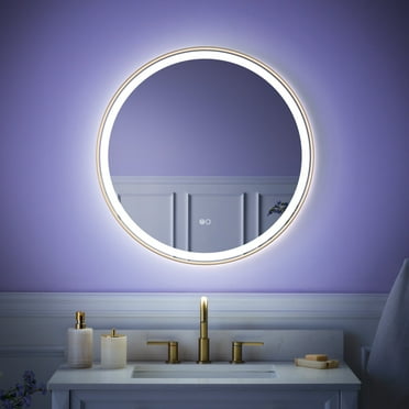 WELLFOR 28" Rounded LED Bathroom Mirror, Bathroom Vanity Mirror with Lights, Wall-Mounted Vanity Mirror with 3000K/4000K/6000K, Anti-Fog, Dimmable, Memory Function, Brushed Gold