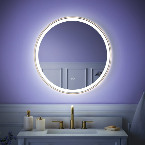 ANGELES HOME 28" Rounded LED Bathroom Mirror, Bathroom Vanity Mirror with Lights, Wall-Mounted Vanity Mirror with 3000K/4000K/6000K, Anti-Fog, Dimmable, Memory Function, Brushed Gold