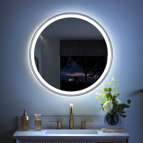 ANGELES HOME 28" Rounded LED Bathroom Mirror, Bathroom Vanity Mirror with Lights, Wall-Mounted Vanity Mirror with 3000K/4000K/6000K, Anti-Fog, Dimmable, Memory Function, Matte Black