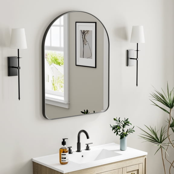 ANGELES HOME 28" x 36" Arched Bathroom Vanity Mirror, Wall Mounted Bathroom Mirror, Aluminum Wall Mirror for Bathroom, Copper Free Glass Vanity Framed Mirror, Matte Black
