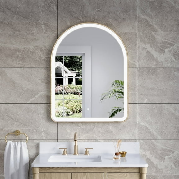 Angeleshome 28" x 36" Arched Lighted Bathroom Mirror, Framed Bathroom Vanity Mirror with Lights, Wall Mounted LED Mirror with Defogger, Dimmer, Memory Function, Brushed Gold