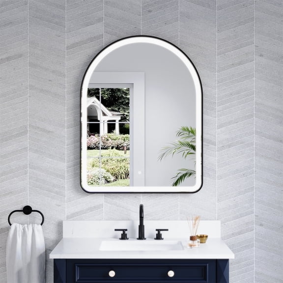 ANGELES HOME 28" x 36" Arched Lighted Bathroom Mirror, Framed Bathroom Vanity Mirror with Lights, Wall Mounted LED Mirror with Defogger, Dimmer, Memory Function, Matte Black