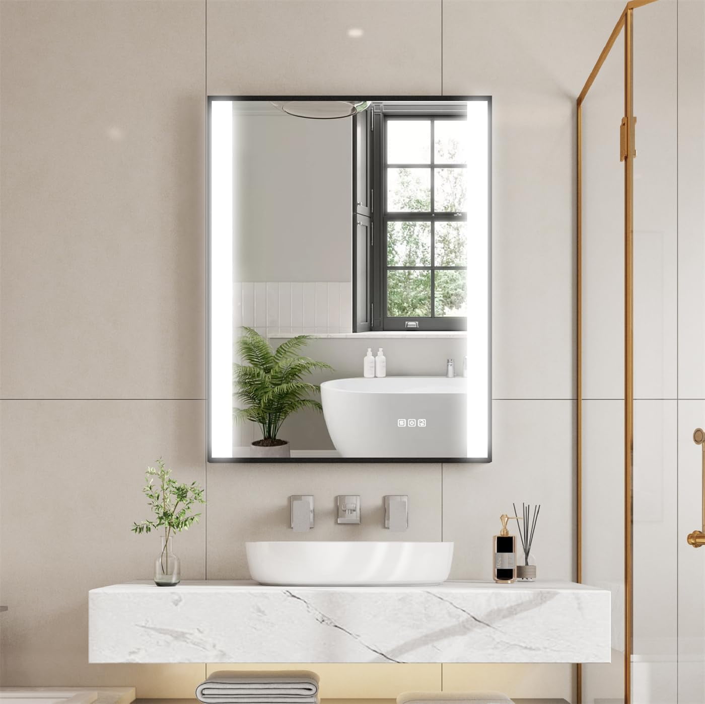 WELLFOR 28" x 36" Framed LED Bathroom Mirror, Wall Mounted Bathroom ...