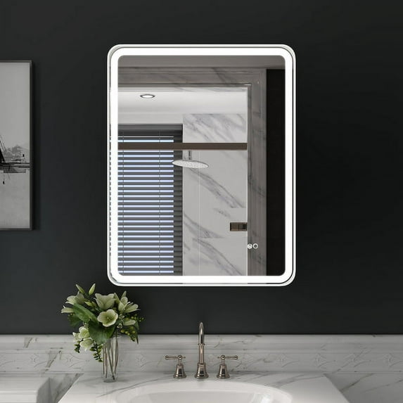 ANGELES HOME 28 x 36 inch LED Bathroom Mirror, LED Lighted Mirror for Bathroom, Wall Bathroom Vanity Mirror with Lights, Framed Round Corner Mirror with Dimmer, Anti-Fog, Vertical/Horizontal, White