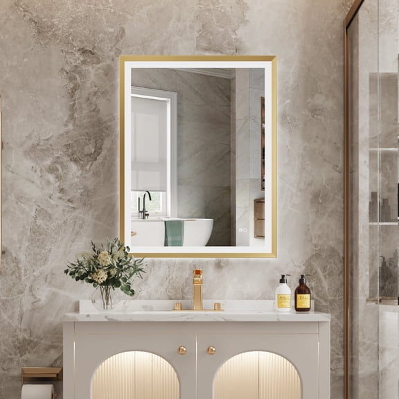 ANGELES HOME 28 x 36inch LED Bathroom Mirror, Bathroom Vanity Mirror with Lights, Backlit and Front Lighted Mirror for Bathroom, Includes Dimmer, Defogger, Vertical/Horizontal Mounted, Brushed Gold