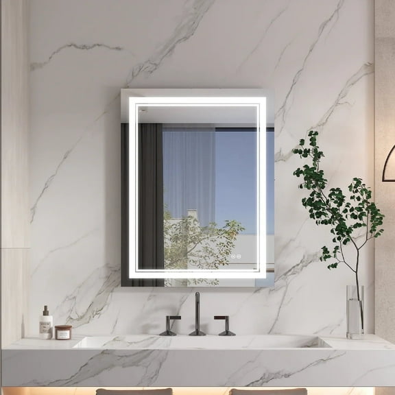 ANGELES HOME 28x36 inch LED Bathroom Vanity Mirror with Lights, Wall Mounted Lighted Bathroom Mirror with Anti-Fog, 3 Colors Dimmable Touch Lighted Makeup Vanity Mirror, Horizontal/Vertical