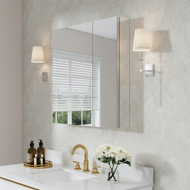 WELLFOR 30" x 30" Bi-View Medicine Cabinet with Mirror, Surface Mount or Recessed Mirror Medicine Cabinet for Bathroom, Anodized Chrome Aluminum Frame, Bathroom Mirror Cabinet with Storage, Two Door