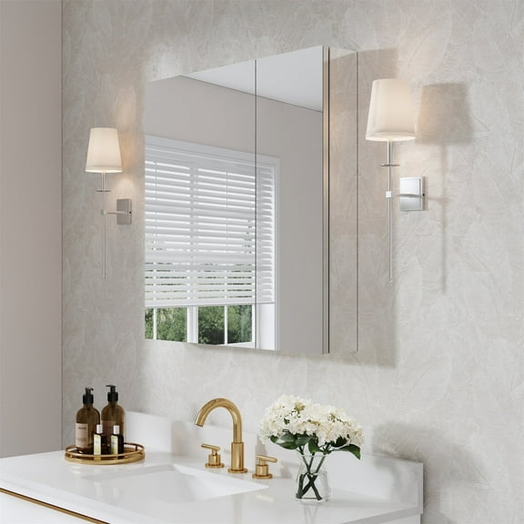 30" x 30" Bi-View Medicine Cabinet with Mirror, Surface Mount or Recessed Mirror Medicine Cabinet for Bathroom, Anodized Chrome Aluminum Frame, Bathroom Mirror Cabinet with Storage, Two Door