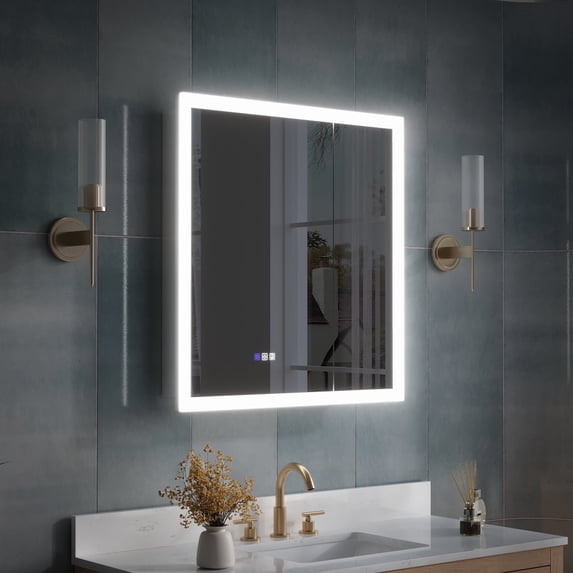 ANGELES HOME 30" x 32" LED Medicine Cabinet with Lights, 3X Magnify Makeup Mirror, Bathroom Vanity Mirror Cabinet with Storage, Defogger, Dimmable, Memory Function, Outlets & USB, Double Open Door