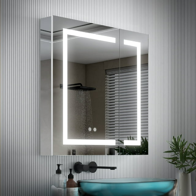 WELLFOR 30"x30" LED Medicine Cabinet with Lights, Medicine Cabinet with Mirror, Surface or Recessed Mounted, Anti-Fog, Dimmable, Memory Function, Outlets & USB, Double Opening Doors