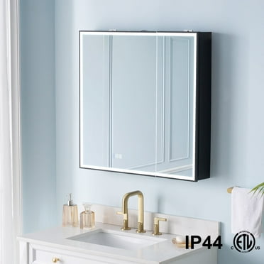 WELLFOR 30"x30" LED Mirrored Medicine Cabinet, Medicine Cabinets with Lights for Bathroom, Recessed or Surface Mount, Led Medicine Cabinet with Outlets & USB, Defogger, Dimmer, Double Opening Door