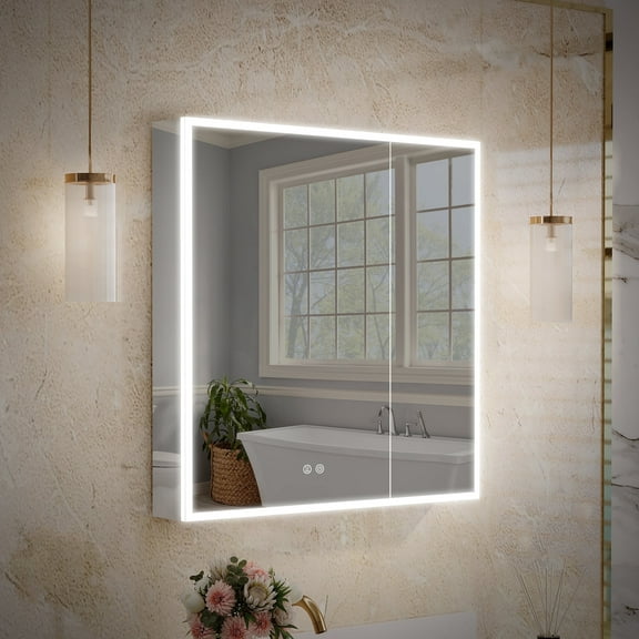 Angeleshome 30"x30" Medicine Cabinet with Lights, Bathroom Mirror Cabinet with 3X Magnification, Defogger, Dimmer, Outlets & USB, Medicine Cabinet Mirror with Memory Function