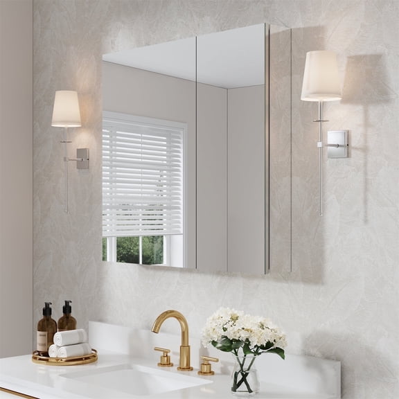 ANGELES HOME 32" x 30" Bi-View Medicine Cabinet with Mirror, Surface Mount or Recessed Mirror Medicine Cabinet for Bathroom, Anodized Chrome Aluminum Frame, Bathroom Mirror Cabinet with Storage