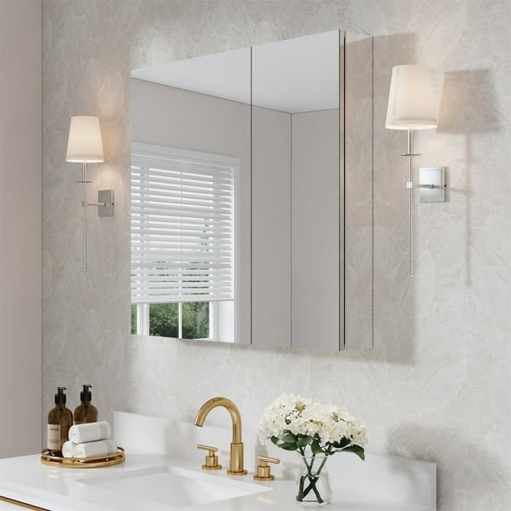 ANGELES HOME 32" x 30" Bi-View Medicine Cabinet with Mirror, Surface Mount or Recessed Mirror Medicine Cabinet for Bathroom, Anodized Chrome Aluminum Frame, Bathroom Mirror Cabinet with Storage