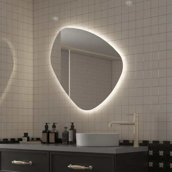 ANGELES HOME 32"x30" Frameless Bathroom Mirror with Lights, Water Drop Shaped LED Backlit Bathroom Vanity Mirror, Lighted Mirror for Bathroom with 3 Colors Dimmable, Anti-Fog, Memory Function