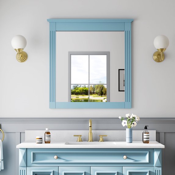 ANGELES HOME 33" x 32" Wall-Mounted Vanity Mirror, Solid Wooden Framed Makeup Mirror, Bathroom Wall Mirror for Bedroom Living Room Entryway, Classic Blue