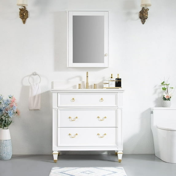 ANGELES HOME 36" Bathroom Vanity with 24" Wall Mounted Mirror Cabinet, Wooden Bathroom Vanity with Sink Set, Freestanding Bathroom Furniture for Home Decor and Storage Organization, White