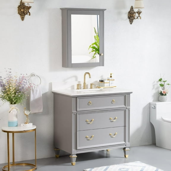 ANGELES HOME 36" Bathroom Vanity with 24" Wall Mounted Mirror Cabinet, Wooden Bathroom Vanity with Sink Set, Freestanding Bathroom Furniture for Home Decor and Storage Organization, Titanium Grey