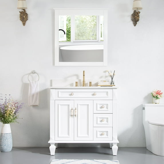 ANGELES HOME 36" Bathroom Vanity with Certified Sink and 32" HD Mirror Combo, Large Wood Vanity Set with Doors & Drawers, Freestanding Bath Vanity Cabinet in Modern White with Quartz Countertop