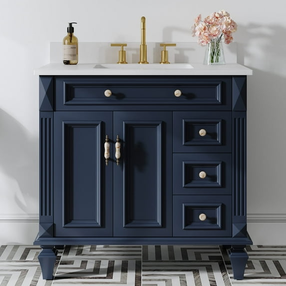 ANGELES HOME 36" Bathroom Vanity with Single Sink, Solid Wood Bathroom Makeup Cabinet W/ 2 Doors and 3 Drawers, Bathroom Vanity Storage Organizer with Carrara White Quartz Countertop Navy Blue