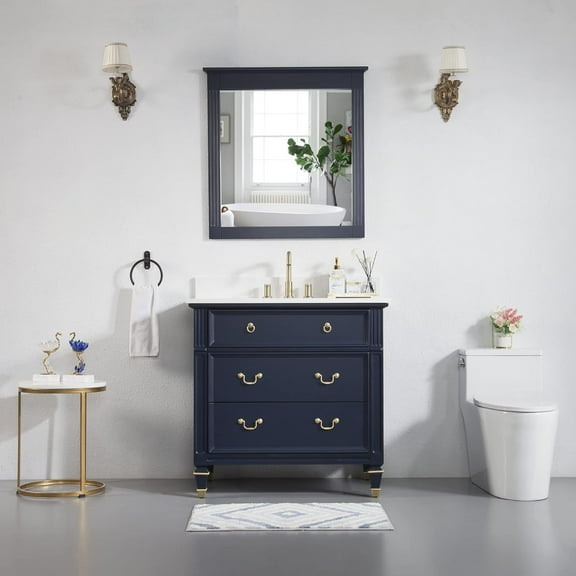 ANGELES HOME 36" Bathroom Vanity with Sink and 32" Anti-Fog Wall Mirror, Large Wood Vanity with Drawers, Well-Made Freestanding Vanity Cabinet and Sink Set in Navy Blue with Quartz Countertop