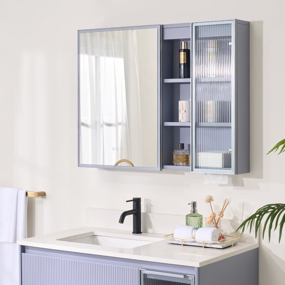 36 X 28 Inch LED Lighted Bathroom Medicine Cabinet with Mirror, Wall Mount Bathroom Mirror Cabinet with Dimmable, Defogger, Memory Function, 3 Solid Wood Shelves, Ample Storage Space, Lavender