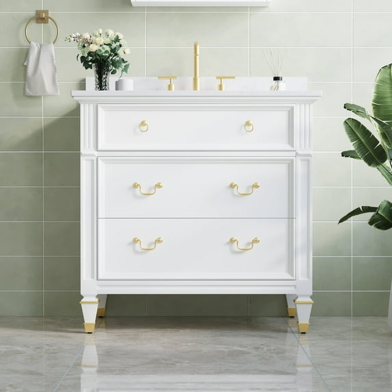 ANGELES HOME 36 inch Bathroom Vanity with Sink, Solid Wood Bathroom Makeup Cabinet W/ 3 Drawers, Bathroom Vanity Storage Organizer with Carrara White Quartz Countertop White