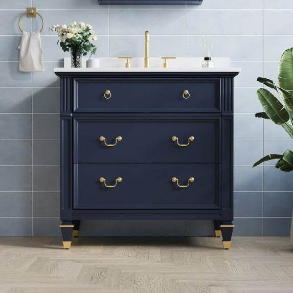 ANGELES HOME 36 inch Bathroom Vanity with Sink, Solid Wood Bathroom Makeup Cabinet W/ 3 Drawers, Bathroom Vanity Storage Organizer with Carrara White Quartz Countertop Navy Blue