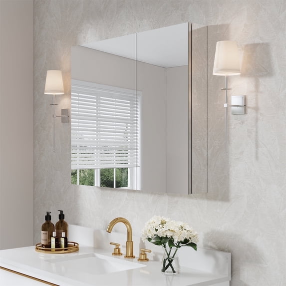 36" x 30" Bi-View Medicine Cabinet with Mirror, Surface Mount or Recessed Mirror Medicine Cabinet for Bathroom, Anodized Chrome Aluminum Frame, Bathroom Mirror Cabinet with Storage, Two Door