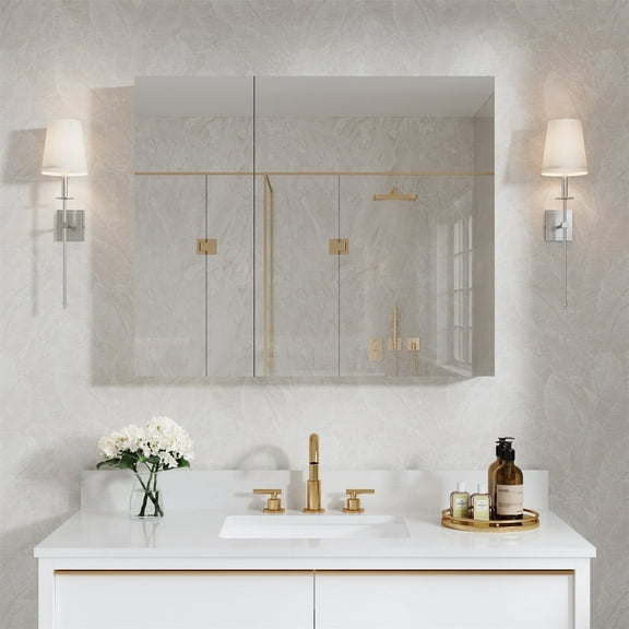 ANGELES HOME 36" x 30" Medicine Cabinet with Mirror, Rectangular Bathroom Mirror Cabinet with 6 Adjustable Glass Shelves, Aluminum Body, Recessed or Surface Mount Mirror Medicine Cabinet, Double Door