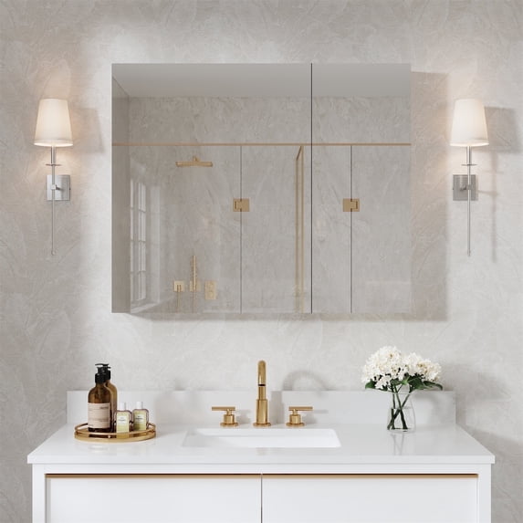 ANGELES HOME 36" x 30" Medicine Cabinet with Mirror, Rectangular Bathroom Mirror Cabinet with 6 Adjustable Glass Shelves, Aluminum Body, Recessed or Surface Mount Mirror Medicine Cabinet, Double Door