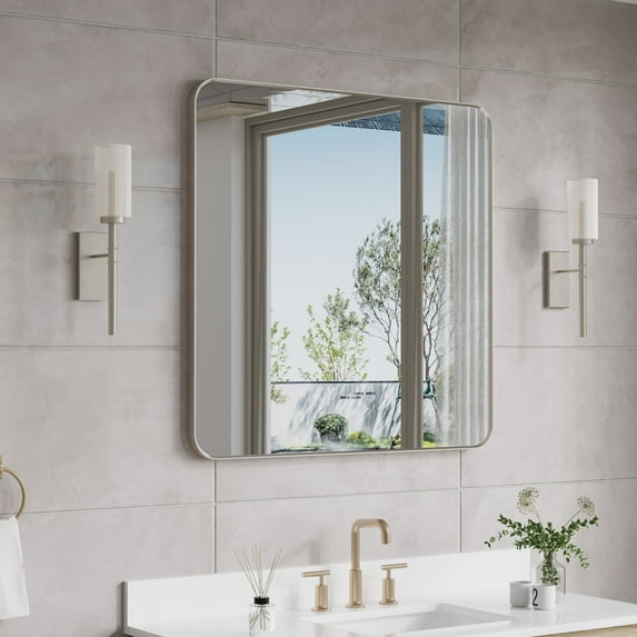 ANGELES HOME 36 x 36 Inch Bathroom Vanity Mirror, Aluminum Framed Wall Mirror, Horizontal/Vertical Mounted Rectangular Bathroom Mirror, Square Vanity Framed Mirror for Wall, Brushed Nickel