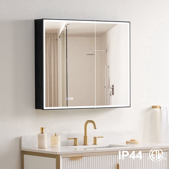 ANGELES HOME 36"x30" LED Mirrored Medicine Cabinet, Medicine Cabinets with Lights for Bathroom, Recessed or Surface Mount, Led Medicine Cabinet with Outlets & USB, Defogger, Dimmer, Double Open Door