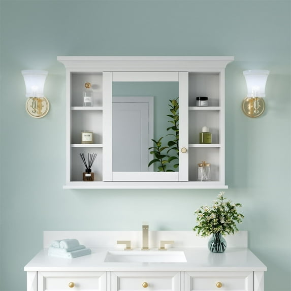 ANGELES HOME 40"x 30" Wall Mounted Medicine Cabinet with Double-Side Mirrors, Solid Wood Mirror Cabinet Storage with 6 Shelves and Soft-Close Door, Wood Medicine Cabinet with Mirror