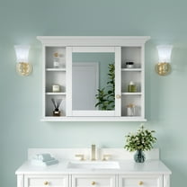 WELLFOR 40"x 30" Wall Mounted Medicine Cabinet with Double-Side Mirrors, Solid Wood Mirror Cabinet Storage with 6 Shelves and Soft-Close Door, Wood Medicine Cabinet with Mirror