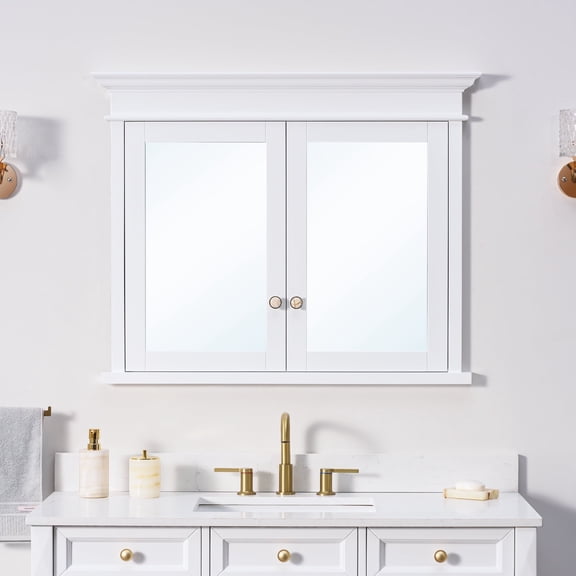 ANGELES HOME 40" x 32" Bathroom Medicine Cabinet with 6-Tier Adjustable Shelves, Recessed Solid Wood Medicine Cabinet with Mirrors, Wood Mirror Cabinet with 2 Soft-Close Door, White