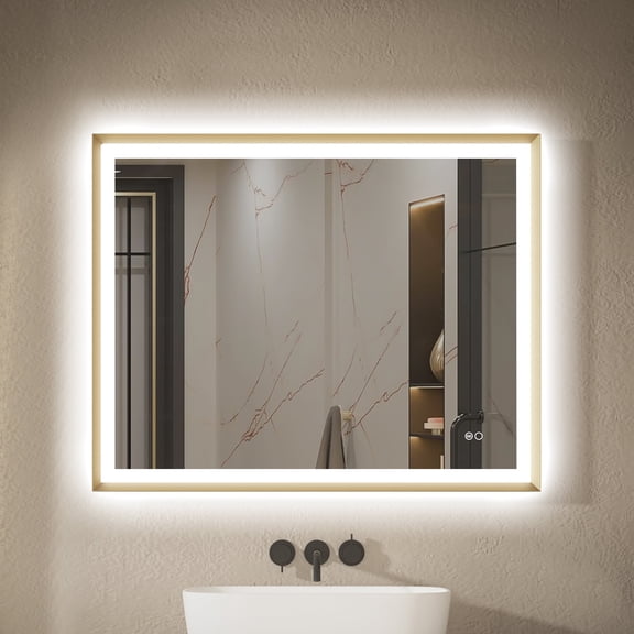 ANGELES HOME 40 x 32 inch LED Bathroom Mirror, Bathroom Vanity Mirror with Lights, Backlit and Front Lighted Mirror for Bathroom, Includes Dimmer, Defogger, Vertical/Horizontal Mounted, Brushed Gold