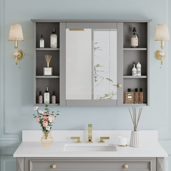 ANGELES HOME 42"x 30" Wall Mounted Mirrored Medicine Cabinet for Bathroom, 6 Tier Wood Mirror Cabinet Storage with 1 Soft-close Door, Bathroom Accessory, Titainum Grey