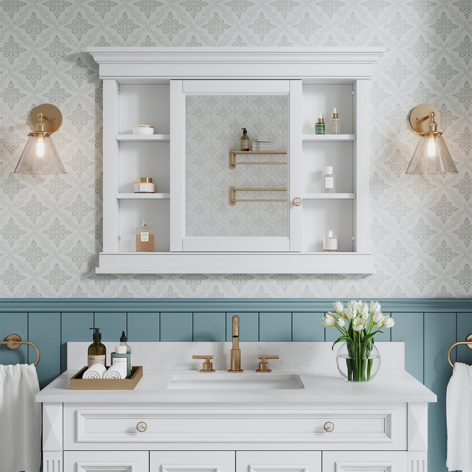 WELLFOR 42" x 32" Recess Mount Bathroom Medicine Solid Wood