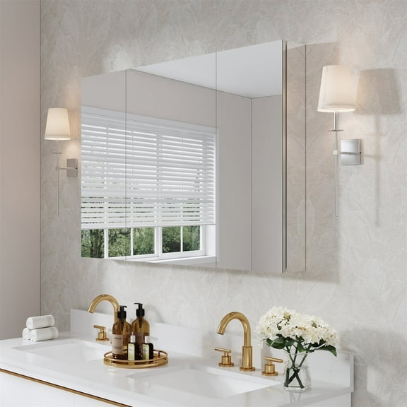 ANGELES HOME 44" x 30" Rectangle Medicine Cabinet Mirror, Surface Mount or Recessed Medicine Cabinet with Tempered Mirror, Anodized Chrome Aluminum Frame, Bathroom Mirror with Storage, Left Door