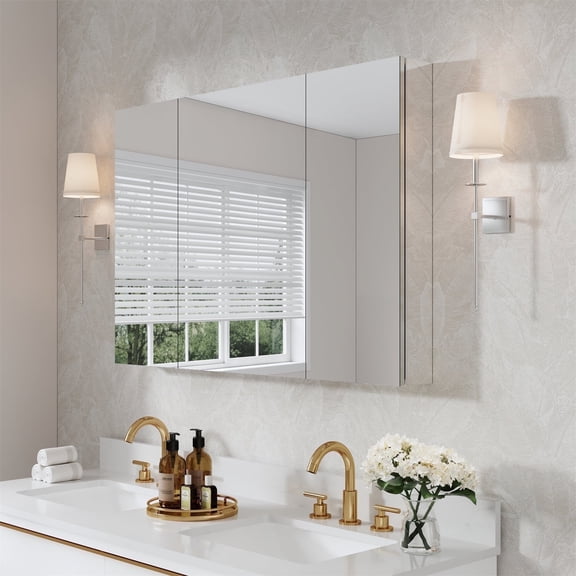 ANGELES HOME 44" x 30" Rectangle Medicine Cabinet Mirror, Surface Mount or Recessed Medicine Cabinet with Tempered Mirror, Anodized Chrome Aluminum Frame, Bathroom Mirror with Storage, Left Door