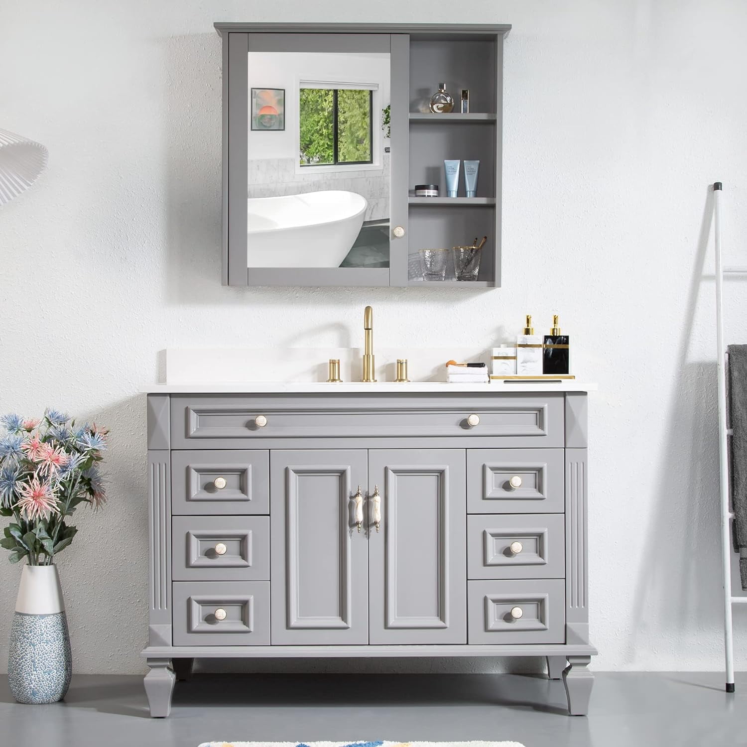 WELLFOR 48" Bathroom Vanity with 34" Wall-Mounted Mirror Cabinet ...