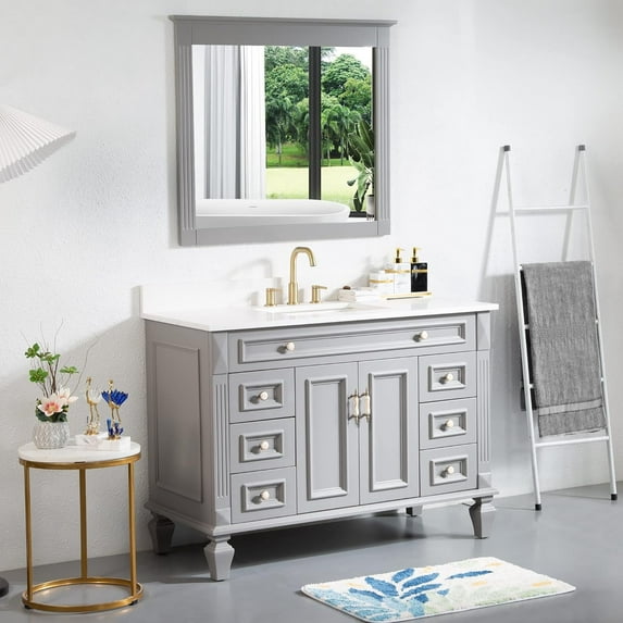 48" Bathroom Vanity with Certified Sink and 38" HD Mirror Combo, Large Wood Vanity Set with Doors & Drawers, Freestanding Bath Vanity Cabinet in Modern Titanium Grey with Quartz Countertop