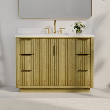 WELLFOR 48'' Bathroom Vanity with Single Sink, Modern Bathroom Storage Cabinet with 6 Drawers, 2 Soft-Close Door, Freestanding Bathroom Vanities, Solid Wood Frame