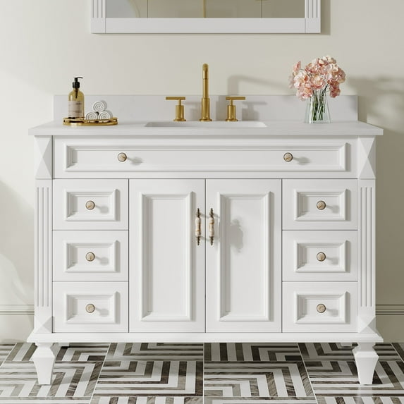 ANGELES HOME 48" Bathroom Vanity with Sink, Freestanding Solid Wood Bathroom Makeup Cabinet W/ 2 Doors and 6 Drawers, Bathroom Vanity Storage Organizer with Carrara White Quartz Countertop, White