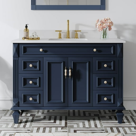 ANGELES HOME 48" Bathroom Vanity with Sink, Freestanding Solid Wood Bathroom Makeup Cabinet W/ 2 Doors and 6 Drawers, Bathroom Vanity Storage Organizer with Carrara White Quartz Countertop, Navy Blue