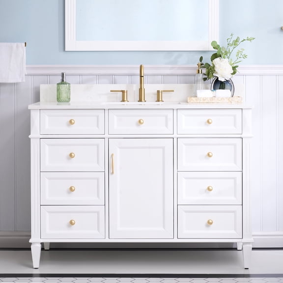 ANGELES HOME 48" Bathroom Vanity with Sink Top Combo Set, Freestanding Solid Wood Bathroom Makeup Cabinet W/ 1 Soft-Close Door and 6 Soft-Close Drawers, Carrara White Quartz Countertop (White)